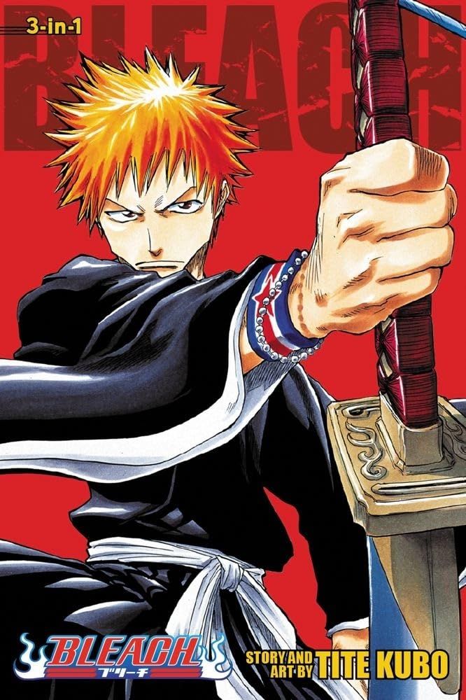 Cover of Bleach. Manga. Red cover, young man with spiky orange hair, black gi (robe with belt), red star/blue background bracelet, silver beaded bracelet, holding a sword toward the reader, in a way that seems that he's handing it to you.