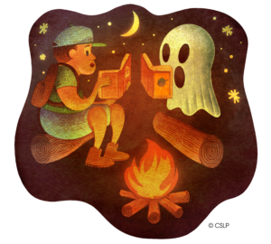 Summer Reading graphic - child is reading a book about a ghost, and a ghost is reading a book about a child. They are sitting/floating in front of a campfire.