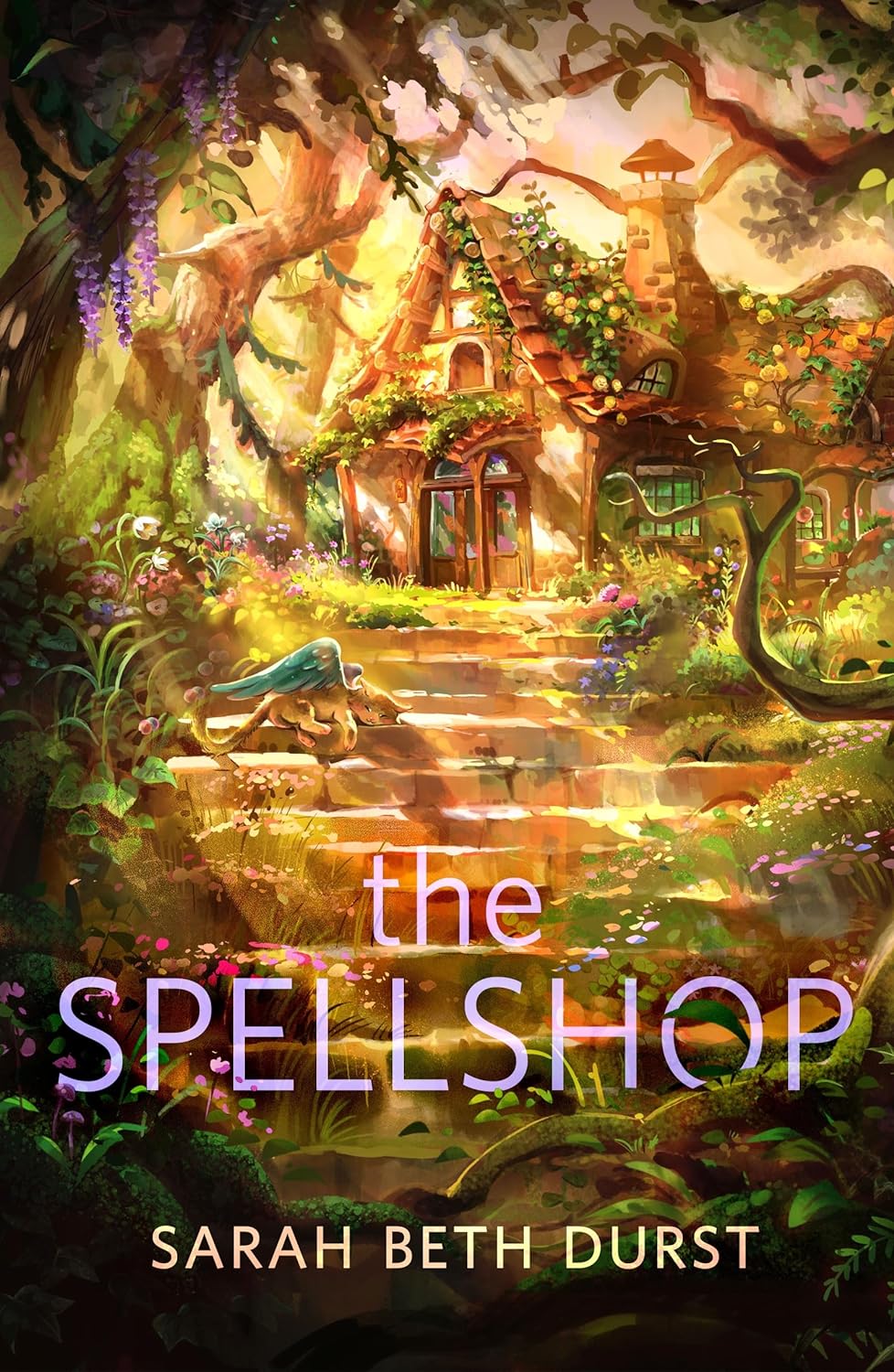 Cover of The Spellshop. Fantastical forest with a cozy cottage with flowers and vines and a winged cat on the steps in front of the cottage.