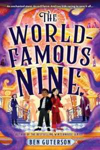 Cover of The World-Famous Nine. The cover has the cross-section of the building, with yellow and orange floors and walls, and people walking by on each floor. There are two staircases at the bottom, with a woman on one and a man on the other, and the two main characters, Zander and Natasha, in the center of the bottom.