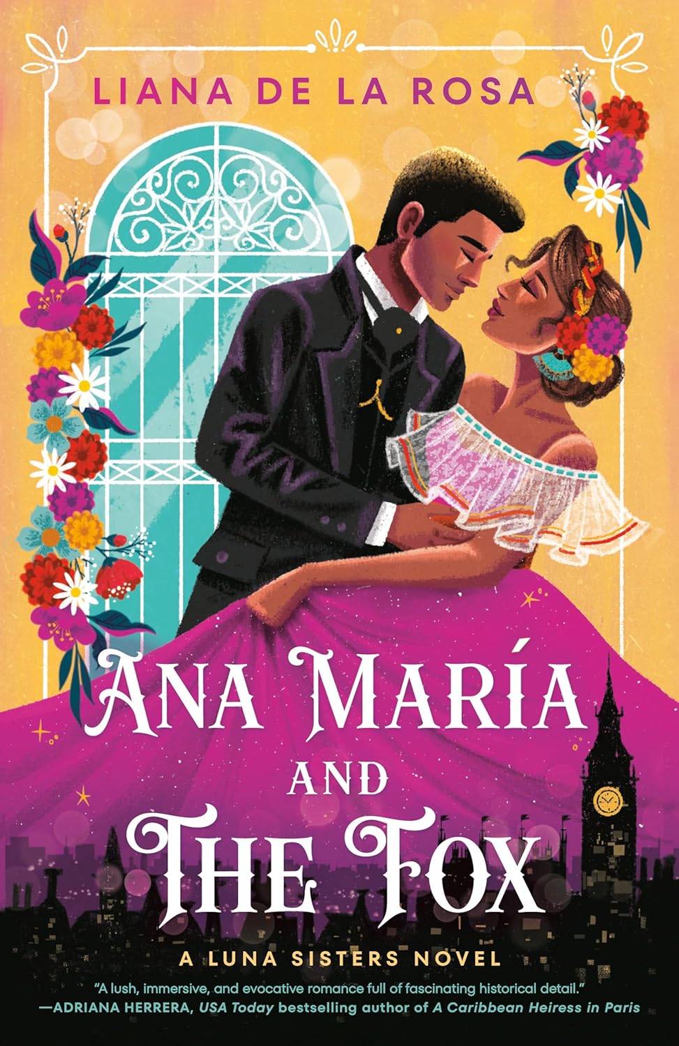 Cover of Ana Maria and The Fox. Bottom of cover is a night cityscape. Top 2/3rds of cover is a Hispanic couple in formal clothing. The man is slightly dipping the woman, both of their eyes are closed, and they look like they are about to kiss. There also are flowers and a beautiful window around/behind them.