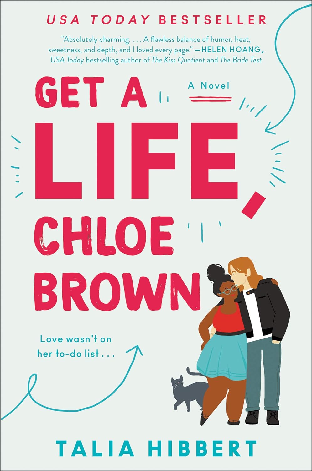 Cover of Get a Life, Chloe Brown. Gray cover, with words in red. In lower right quadrant, you have Chloe Brown, wearing a red tank top, light blue skirt, and blue glasses, with her arm around a young man wearing a black jacket, white shirt, and jeans.