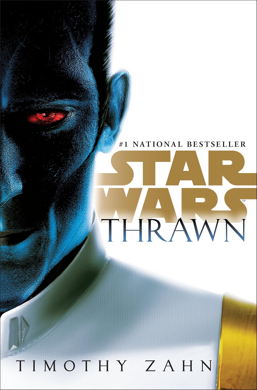 Cover of Star Wars Thrawn. Cover is dominated by a graphic of half of Thrawn's face and shoulders. We see his left side, including blue skin, red eyes, and white suit with gold band on the shoulder.
