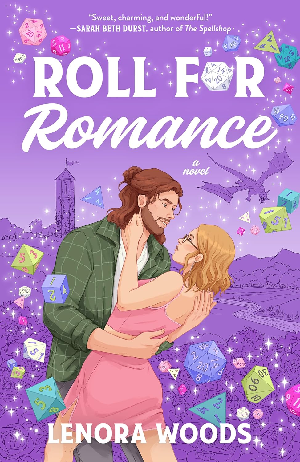 Cover of Roll For Romance. Cover is purple; background has a tower and a dragon flying through a land. There are many dice scattered over the cover. The couple is embracing, surrounded by the dice.