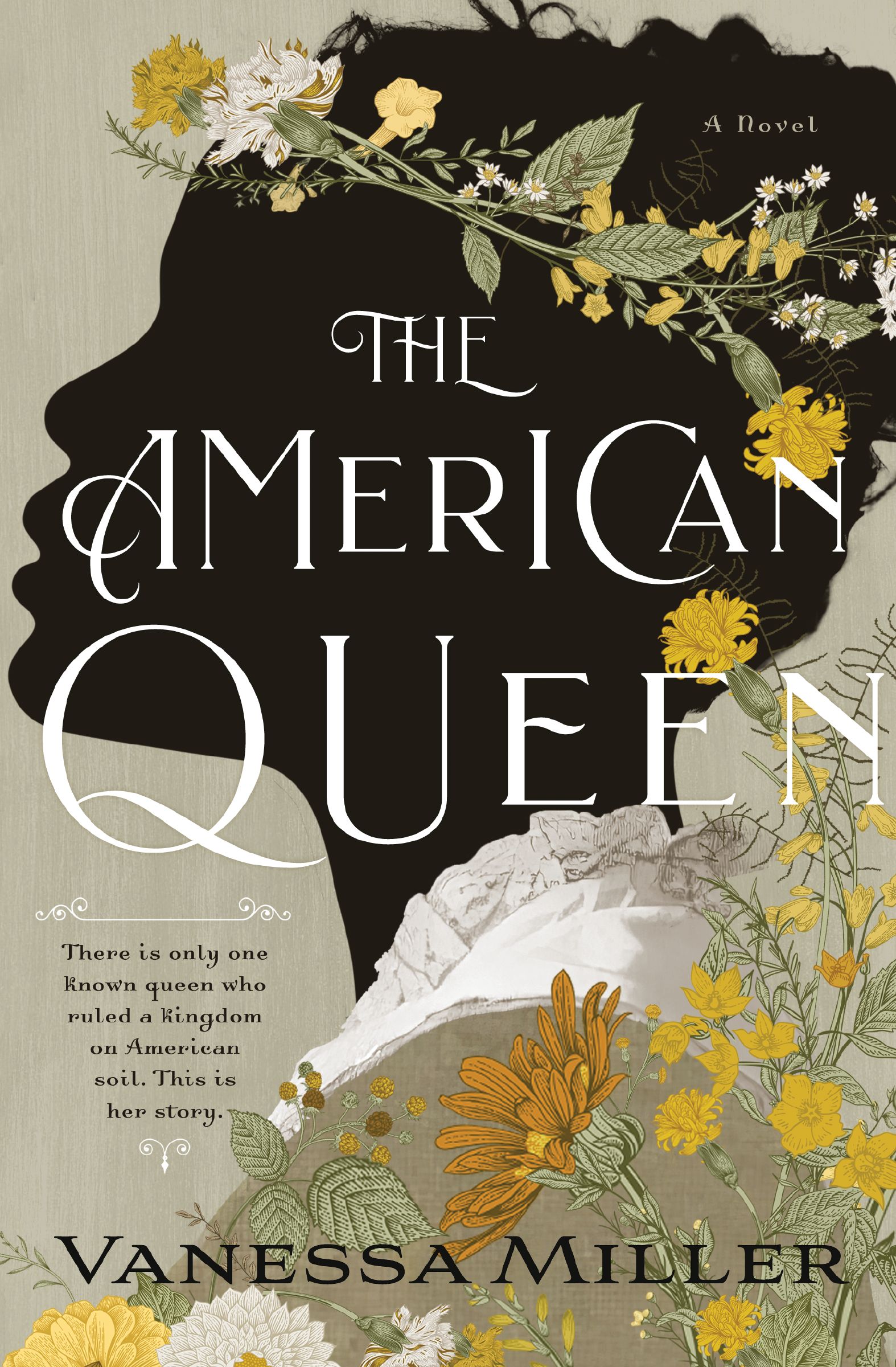 Cover of The American Queen. Black woman in profile, with flowers in her hair and a white frilly shirt collar.