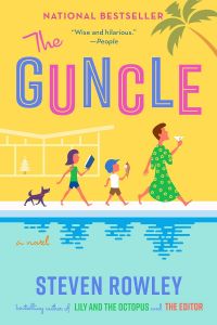 Cover of The Guncle. Yellow background, palm tree on the top right corner, pool in the bottom third of the cover, with a man in a kimono and a drink in his hand walks in front of a little boy with an ice cream cone, a girl with a book, and a a dog in the rear.