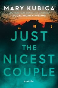 Cover of Just the Nicest Couple. The top of the cover depicts a sunset, and lit-up windows in dark homes. The title is in green, and there's a green mist across the bottom of the cover.