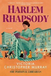Cover of Harlem Rhapsody. Orange background, with a woman in a green and white striped dress sitting in the center of the cover. Behind her is a street of apartment building facades (you can see the orange of the cover through the windows). On her skirt and in front of the apartment buildings are people dancing, walking, and playing music.