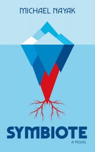 Cover of Symbiote. The background is light blue at top and a darker blue on the bottom, resembling the sky and the ocean. There is an iceberg floating on the "ocean" and the bottom of the iceberg is red with roots.