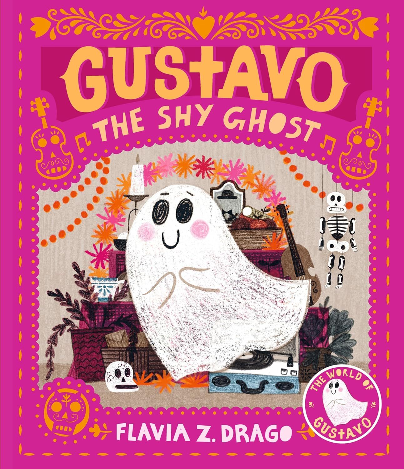 Cover of Gustavo the Shy Ghost. Pink background, orange guitars and skulls and designs are surrounding the middle graphic of Gustavo, who is floating in front of a record player, a skeleton, a skull, a guitar and other fall decor. Gustavo is smiling and looks very friendly. Cover of Gustavo the Shy Ghost. Pink background, orange guitars and skulls and designs are surrounding the middle graphic of Gustavo, who is floating in front of a record player, a skeleton, a skull, a guitar and other fall decor. Gustavo is smiling and looks very friendly. Cover of Gustavo the Shy Ghost. Pink background, orange guitars and skulls and designs are surrounding the middle graphic of Gustavo, who is floating in front of a record player, a skeleton, a skull, a guitar and other fall decor. Gustavo is smiling and looks very friendly. Cover of Gustavo the Shy Ghost. Pink background, orange guitars and skulls and designs are surrounding the middle graphic of Gustavo, who is floating in front of a record player, a skeleton, a skull, a guitar and other fall decor. Gustavo is smiling and looks very friendly. Cover of Gustavo the Shy Ghost. Pink background, orange guitars and skulls and designs are surrounding the middle graphic of Gustavo, who is floating in front of a record player, a skeleton, a skull, a guitar and other fall decor. Gustavo is smiling and looks very friendly.
