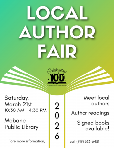 Local Author Fair on March 21st from 10:30 AM to 4:30 PM at Mebane Public Library
