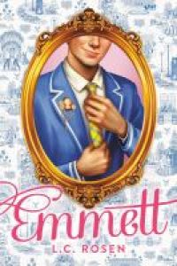 Cover of Emmett. Toile wallpaper serves as the background. There is a gold mirror in the center, and the mirror shows the lower face and upper body of a young man wearing a royal blue suit and yellow tie. He has a smirk/smile on his face.