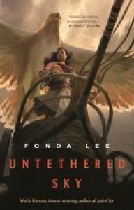 Cover of Untethered Sky. Woman standing on prow of ship, with a giant bird (a roc) flying over her.