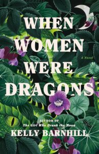 Cover of When Women Were Dragons. Lush jungle with green leaves, purple flowers, and the eye of a dragon. There also is a crescent moon in the top right hand corner.