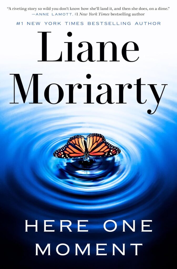 Cover of Here One Moment. Butterfly at the center of a pond that has concentric ripples.