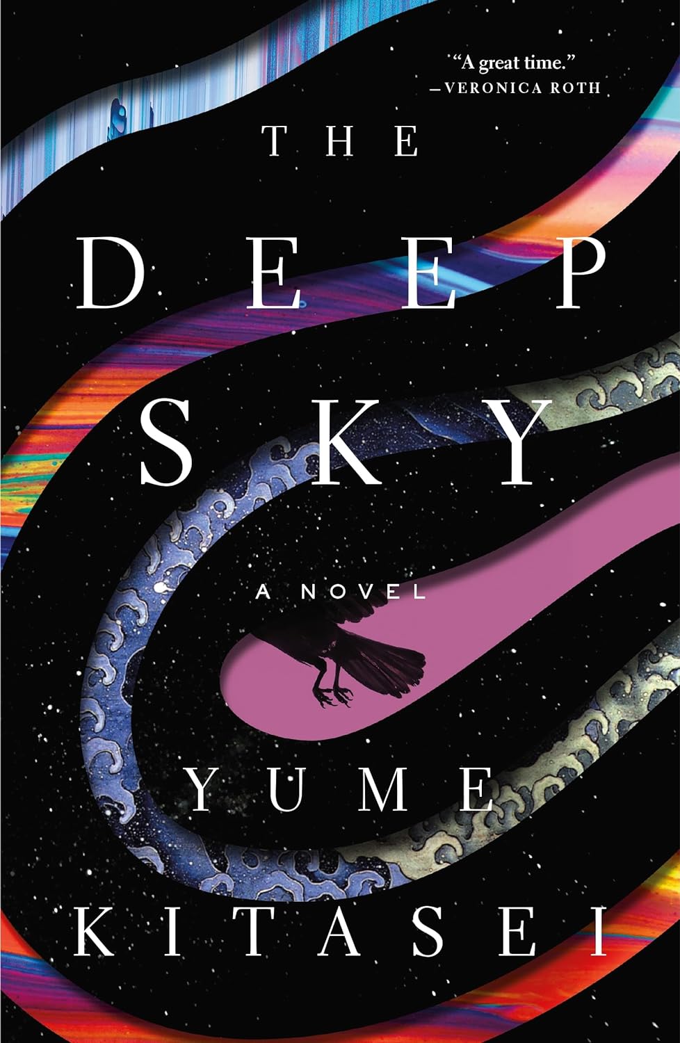 Cover of The Deep Sky. Black starry background with colorful swirls across the cover, with a black bird partially revealed in the lower center.