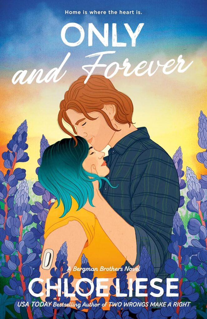 Cover of Only and Forever. Background is a lavender field. Couple is embracing the middle of the lavender.