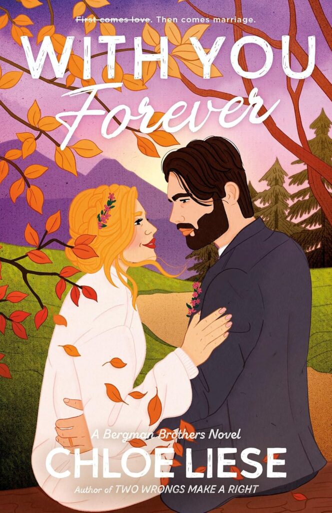 Cover of With You Forever. Background is a mountain and a field in autumn. Couple is embracing on a bench.