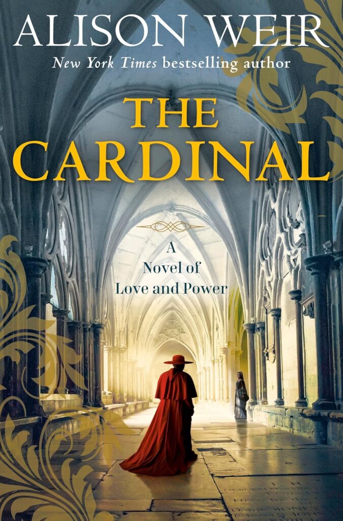 Cover of The Cardinal. Depicts a cathedral with high ceilings and arches. Man in red cardinal's outfit is walking down the hall, back to you, and there's a woman further down in a dress. Stylized gold leaves are superimposed on the left bottom corner and the right top corner.