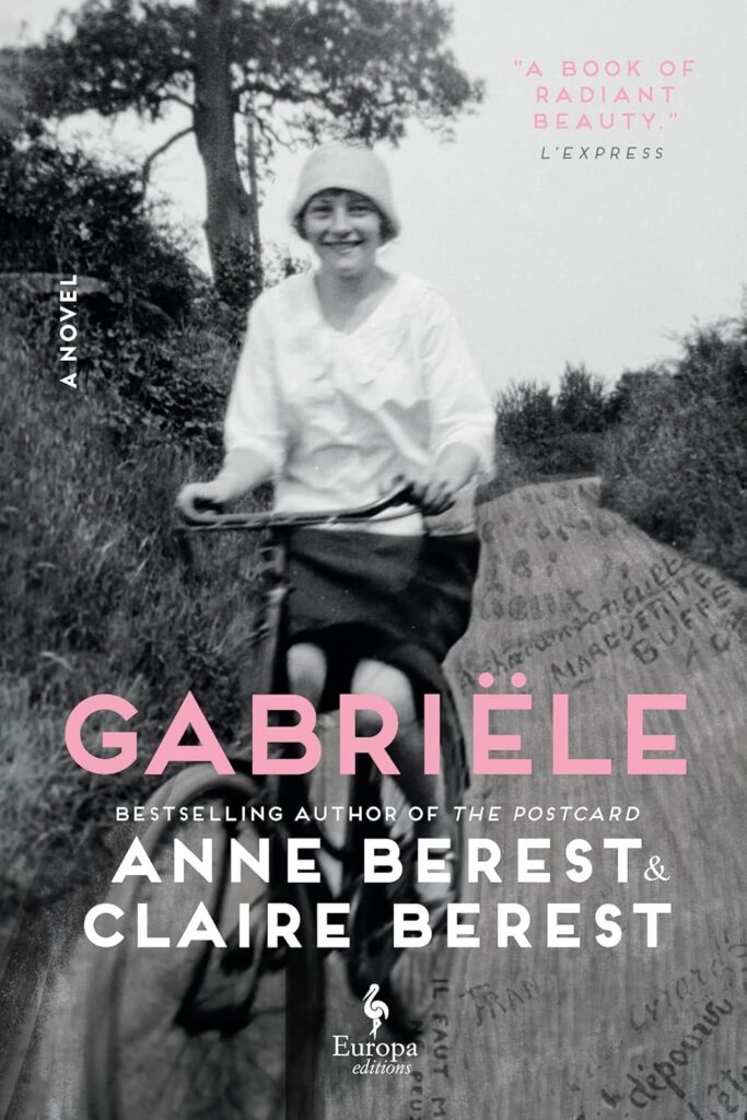 Cover of Gabriele. Photo of woman on a bicycle, riding towards the reader, with a tree and path behind and around her. There is French writing superimposed on the road.