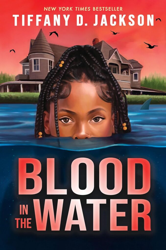 Cover of Blood in the Water. Young woman halfway submerged in water, with a large mansion behind her.