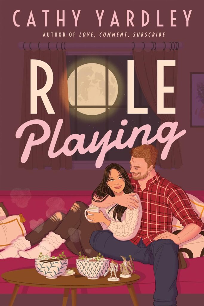 Cover of Role Playing. The couple is sitting on a red couch, with an open window behind them (the "o" in "role" is actually the moon in the window). The woman is curled up and leaning against the man, who has his arm around her. She's holding a mug in her hand. In front of them is a table with RPG (role playing game) miniatures, and two bowls of a noodle meal with chopsticks.