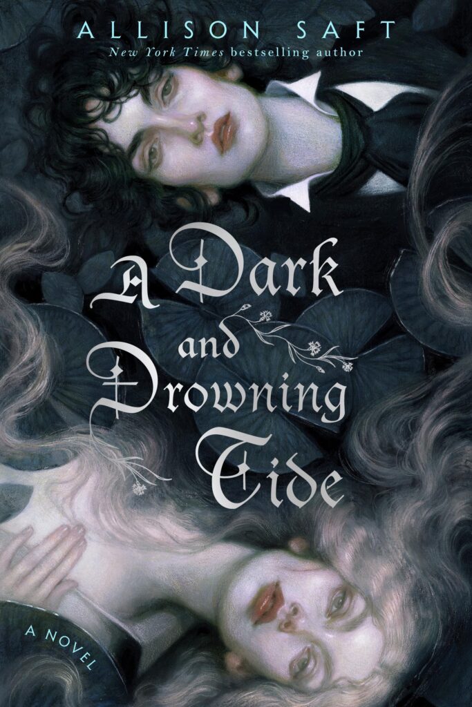 Cover of A Dark and Drowning Tide. A man and a woman are lying in water on the cover, mostly in black and white, but with red lips and a bare hint of color in their faces. They are staring at the reader.