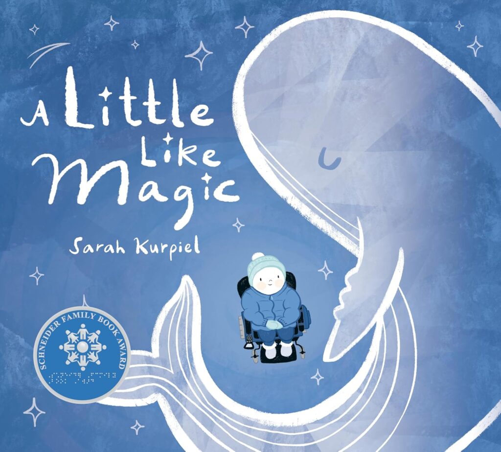 Cover of A Little Like Magic. Cover is a deep blue, with a whale wrapped around a child in a wheelchair.