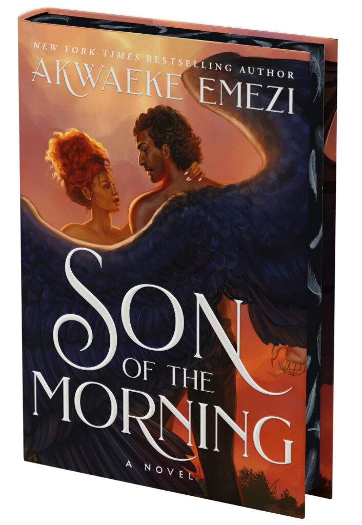 Cover of Son of the Morning. There is a Black woman embracing a man with wings growing out of his back. His hand is curled like a claw.
