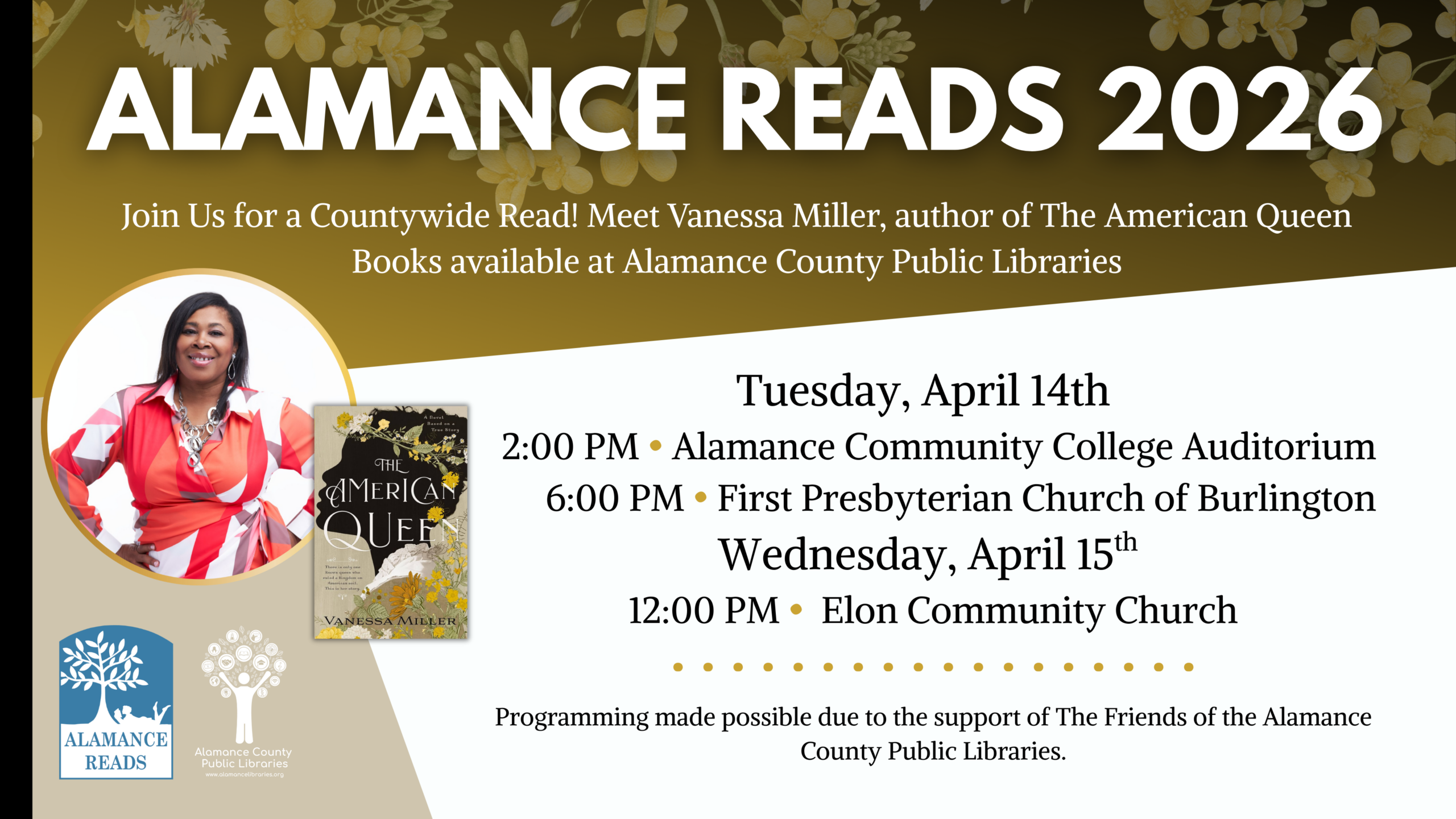 Alamance Reads 2025. Join us for a countywide read! Books available at Alamance County Public Libraries with special meet and greet on September 11th at 2:00 p.m., Alamance Community College Auditorium and 6:00 p.m., First Presbyterian Church of Burlington. The Tobacco Wives by Adele Myers. Summary: Maddie Sykes, a seamstress, arrives in post-war Bright Leaf, North Carolina, to work for her aunt's sewing business for tobacco executives' wives. "The Tobacco Wives" explores themes of email resilience, hidden history, and the consequences of speaking out. Programming made possible due to the support of the Friends of the Alamance County Public Library.