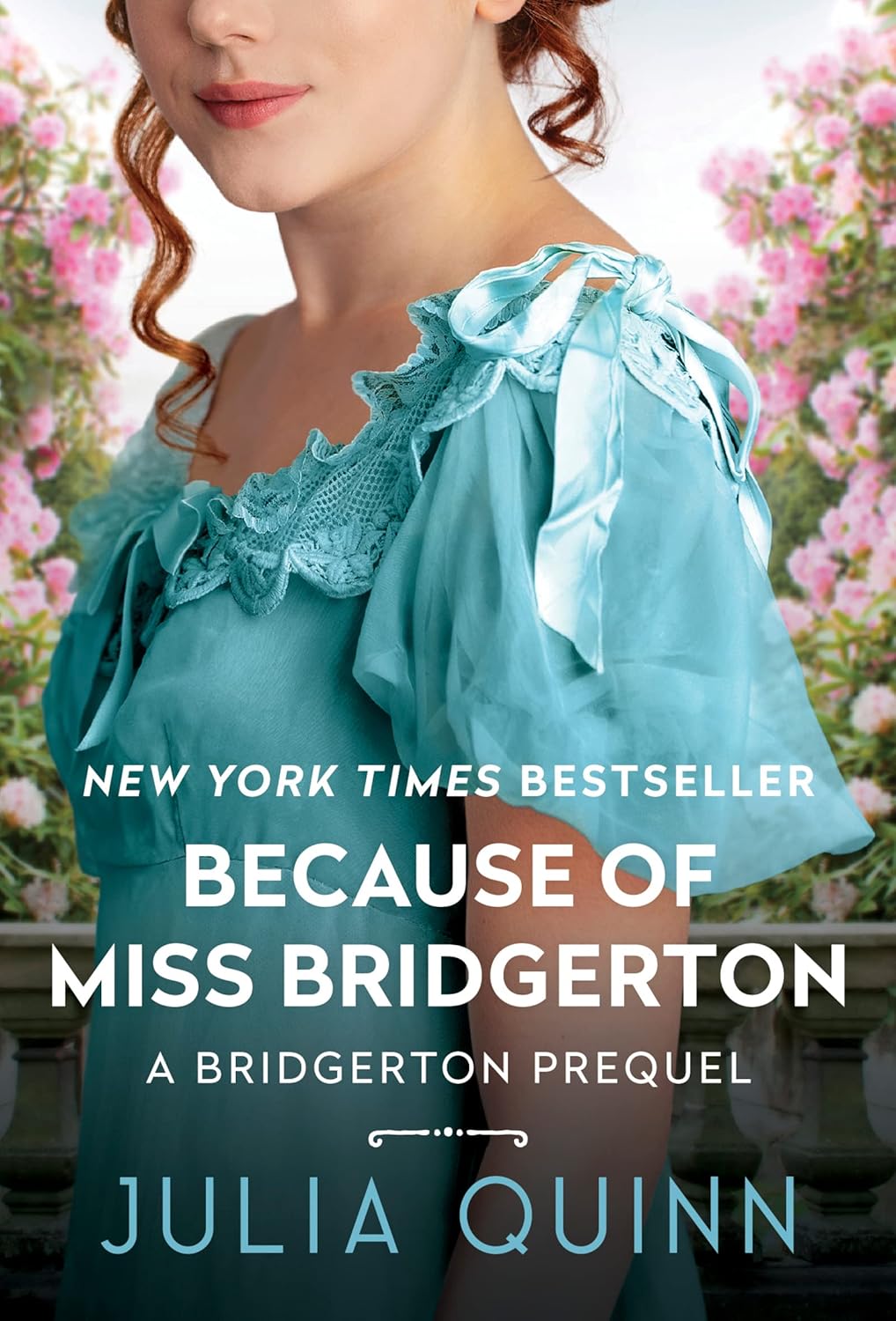 Cover of Because of Miss Bridgerton. Woman in emerald green dress looking in a mirror and looking satisfied. Historical romance.