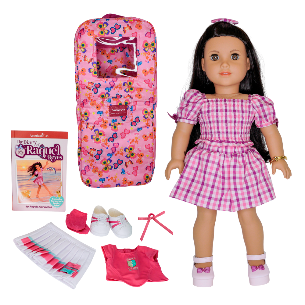 Image of American Girl Doll Raquel with carrying case and accessories such as shirt, skirt, socks, and shoes.