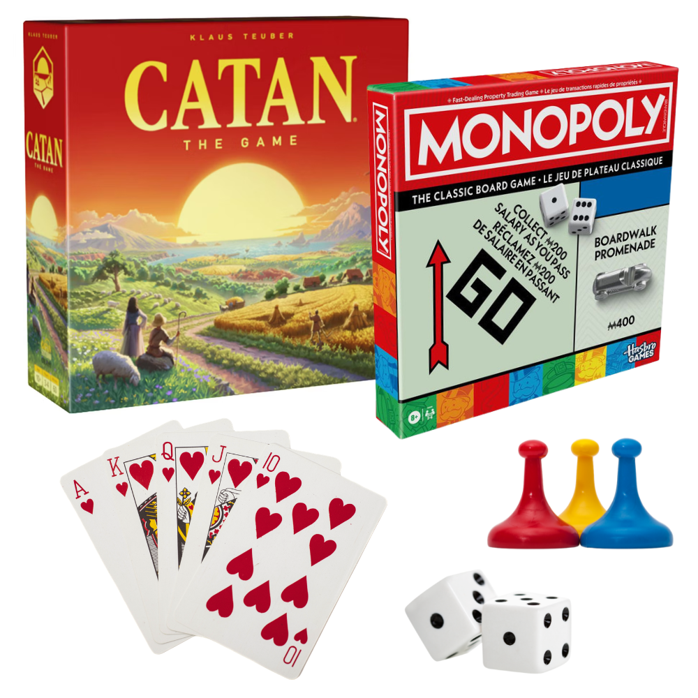 Image of board games Catan, Monopoly, cards, dice, and game pieces.