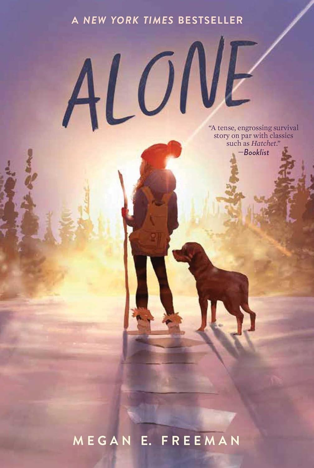 Cover of Alone. Girl with a red knit cap, a coat, a backpack, leggings, and boots, is standing with a walking stick and a dog, facing the sunrise (away from the reader). There is a sun and some plants in front of her, and stepping stones behind her.