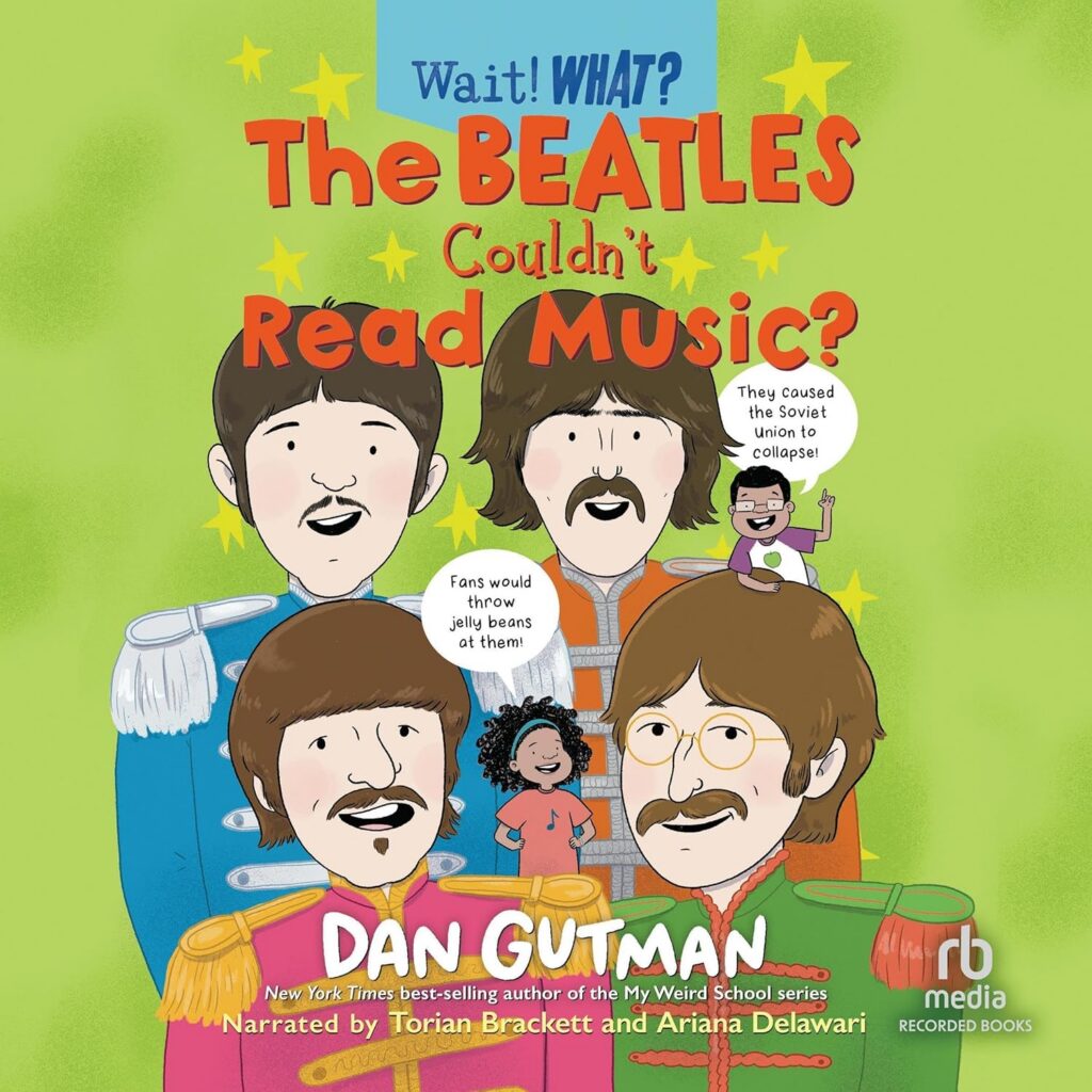 Cover of Wait! What? The Beatles Couldn't Read Music? Cartoon drawing of The Beatles, plus two children, Paige and Turner, who narrate this nonfiction biography of The Beatles.