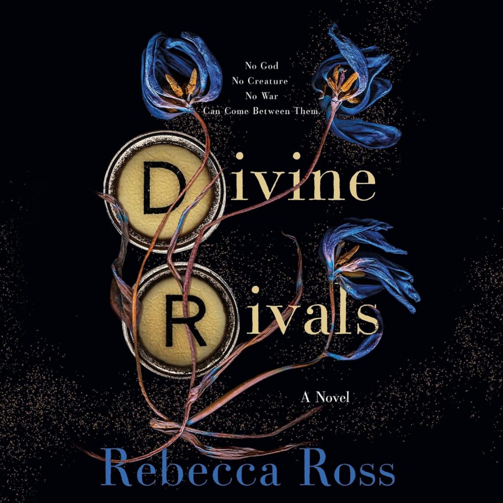 Cover of Divine Rivals. Black background, the D and the R from the title are on typewriter keys. There are blue flowers entwined around the title.
