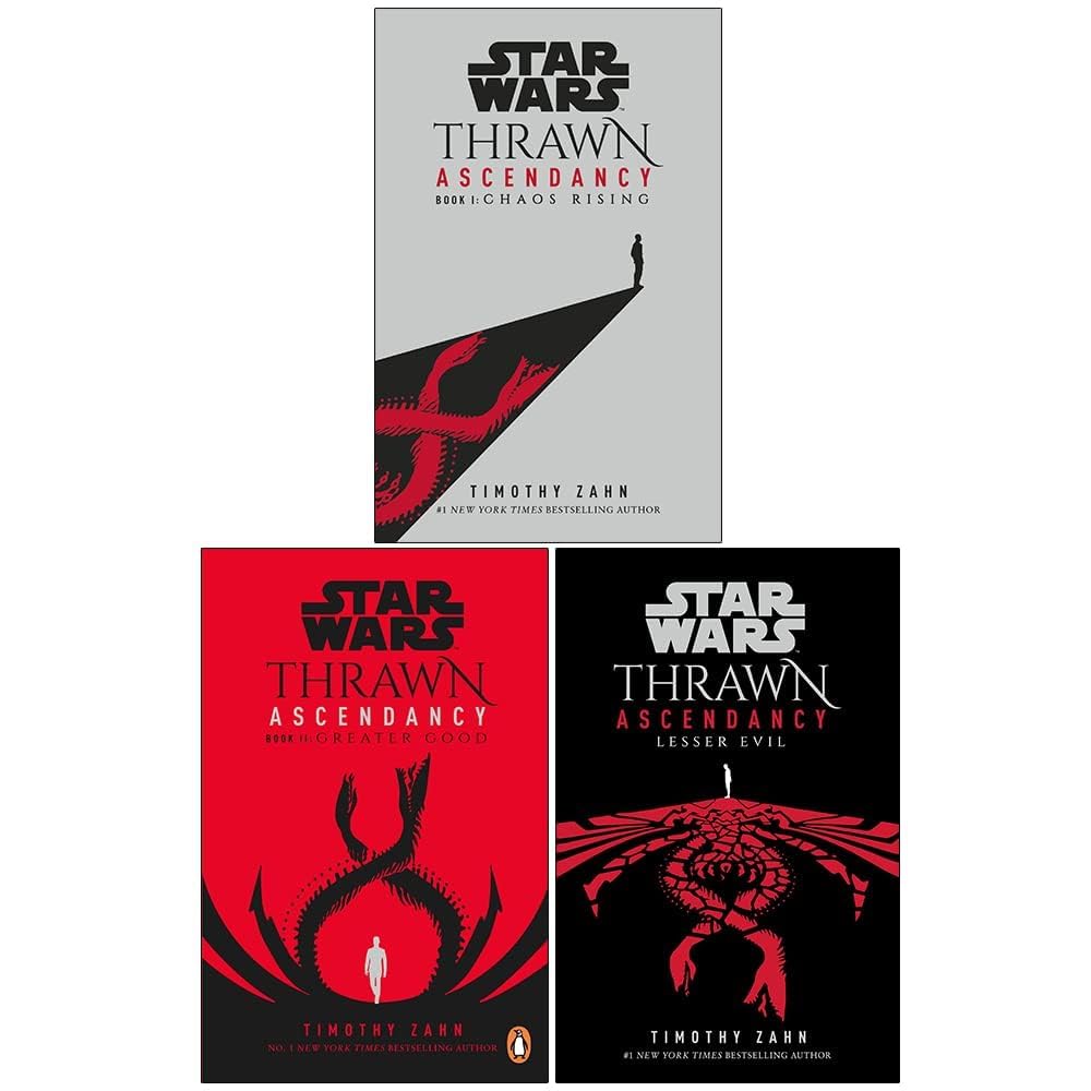 Covers of the three Thrawn Ascendancy books. The first is a gray cover with a man at the end of a long path (or a cliff). The path/cliff has red chimaeras coming for him. The second book has a red cover. The chimaeras are black, and are arching over him; he is in white. The third book cover is black. The chimaeras are red and heading toward the reader, while the figure is in white and the far horizon.
