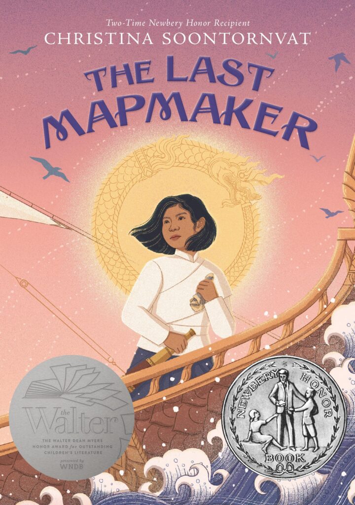 Cover of The Last Mapmaker. Young lady on the prow of a ship. She has the sun behind her, haloing her.