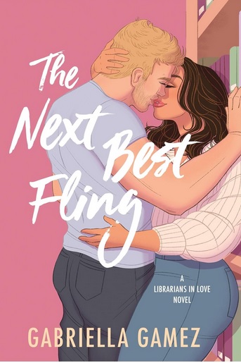 Cover of The Next Best Fling. Man and woman are almost kissing while leaning against a bookcase.