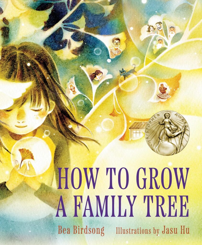 Cover of How to Grow a Family Tree. The cover is mostly a light yellow color. There is a young girl in the left foreground, holding a flower in a bubble. There are other bubbles and flowers on the stylized tree behind her.