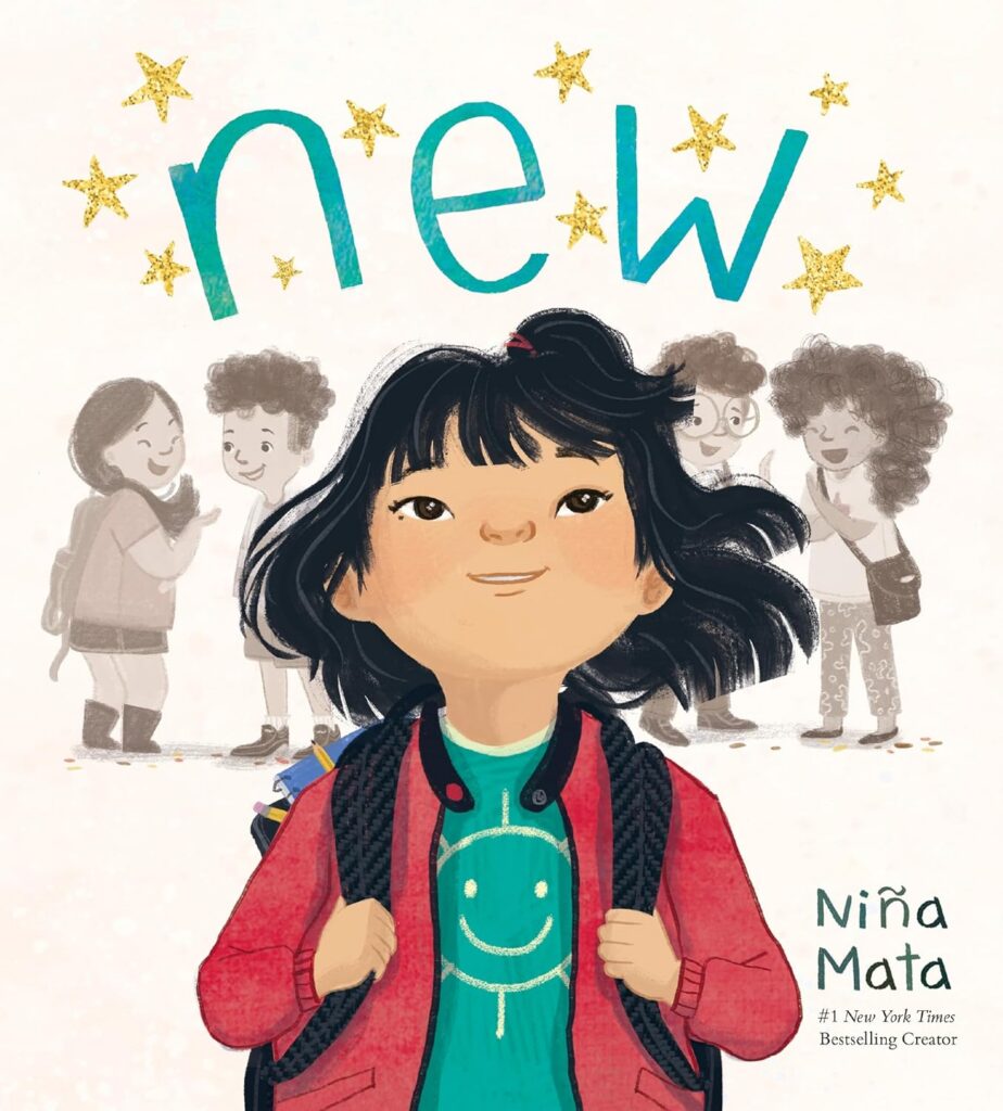 Cover of New. There is a young girl in a green happy face t-shirt and a red jacket, looking up at the sky. Behind her are four girls, whispering with each other. It is assumed that they are talking about her.