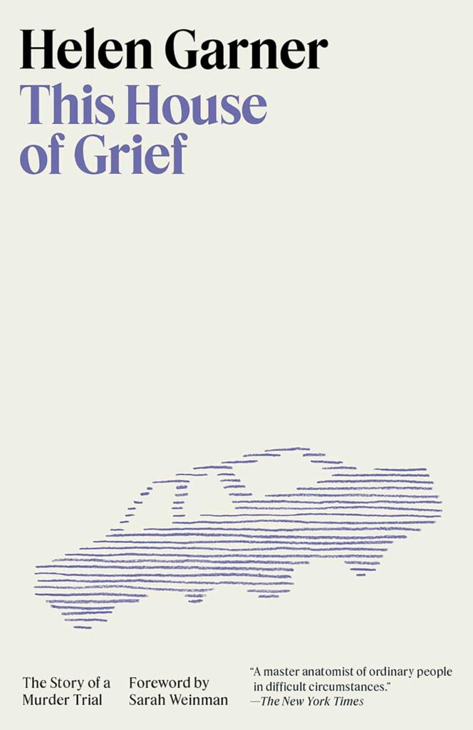 Cover of This House of Grief. The cover is white, with a purple car drawn in lines on the bottom third of the cover.