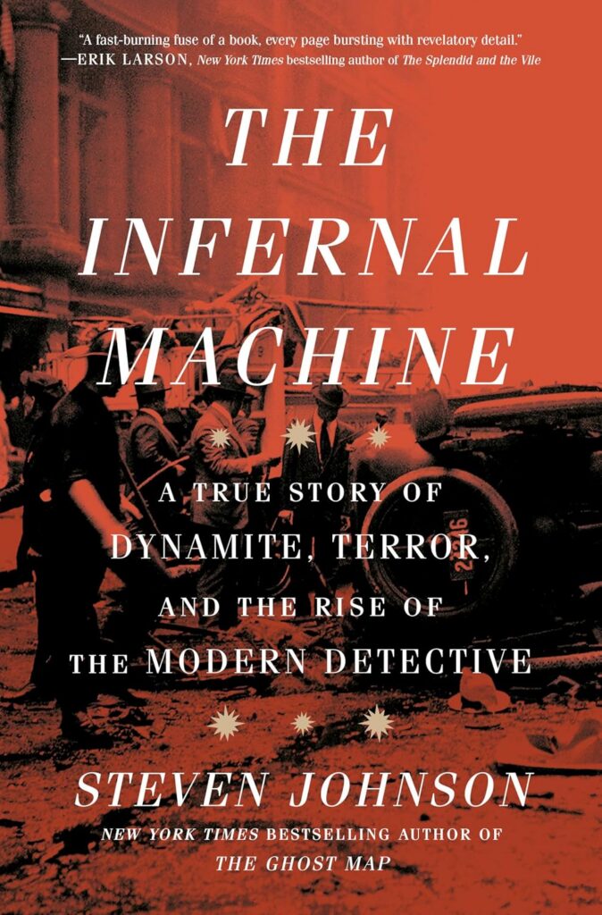 Cover of The Infernal Machine: A True Story of Dynamite, Terror, and the Rise of the Modern Detective. Cover is a photo of men in front of what looks like a car and might be a blast area. The photo is tinted red.
