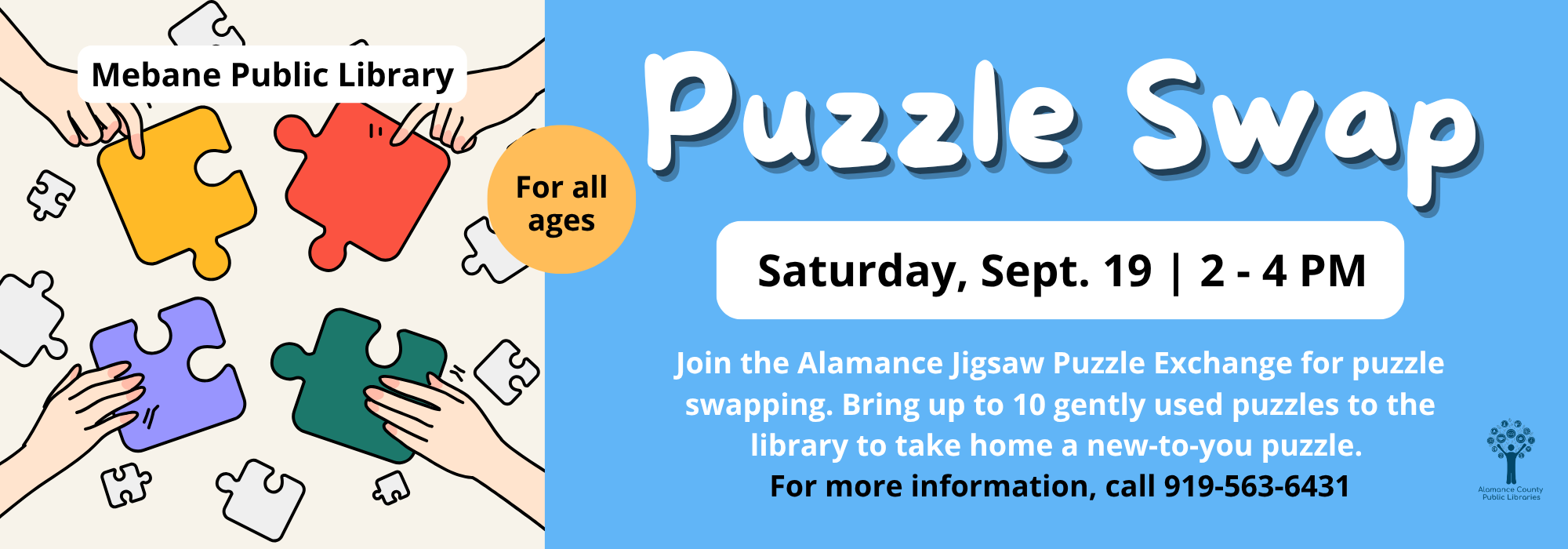 Puzzle Swap at Mebane Public Library on September 19 at 2:00 p.m.
