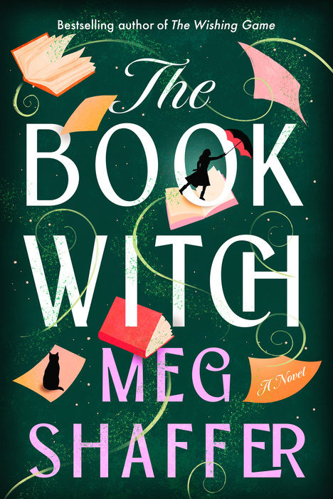 Cover of The Book Witch. Green background with books, papers, and a woman with a red umbrella flying around.