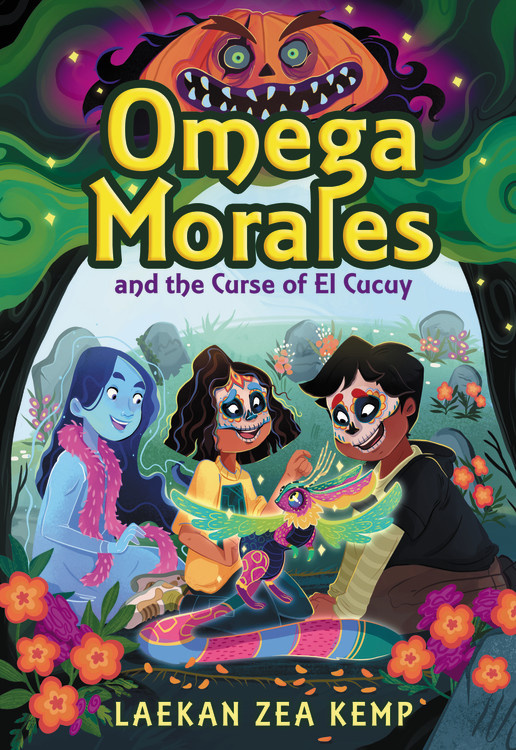 Cover of Omega Morales and the Curse of El Cucuy. There are three figures on the cover. A boy and a girl are wearing Dia de los Muertos masks, and a third girl, who looks like a ghost, is beside them. The kids are sitting in a graveyard with a supernatural creature in front of them. The cover also has a scary pumpkin on the top above the title.
