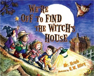 Cover of We're Off to Find the Witch's House. Group of kids in Halloween costumes, walking with a lantern down a path. They look a little spooked!