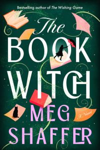 Cover of The Book Witch. Green background with books, papers, and a woman with a red umbrella flying around.