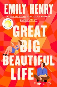 Cover of Great Big Beautiful Life. Background is red and orange shapes, with the man sitting cross legged on the bottom of the cover, looking up, and the woman sitting about midway up the cover, looking to the left. Both are holding books.