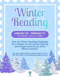 flyer for Winter Reading - wintery scene with trees and information about the program.